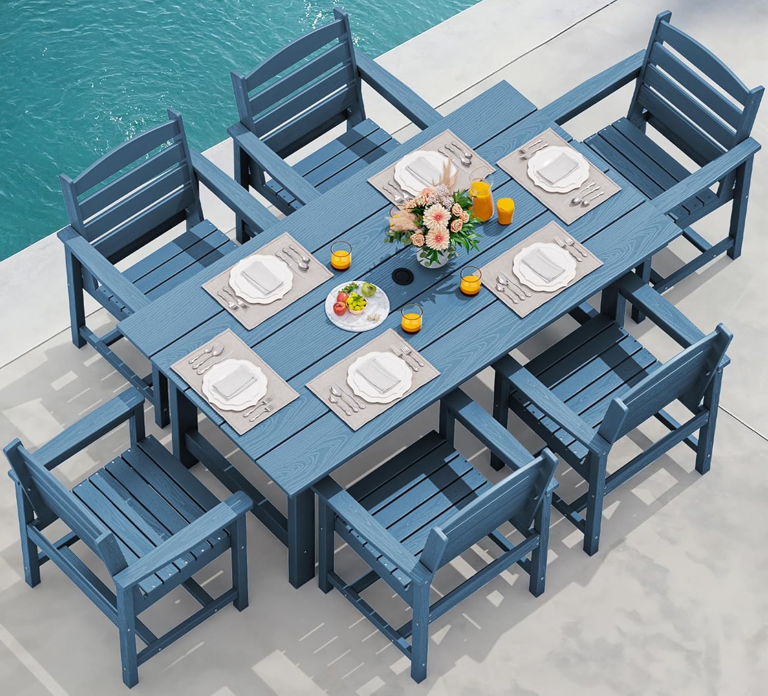 SERWALL 7-Piece Patio Table Set, Outdoor HDPE Dining Furniture with Umbrella Hole, All Weather Table and Chairs for Lawn, Garden, Poolside, Aruba