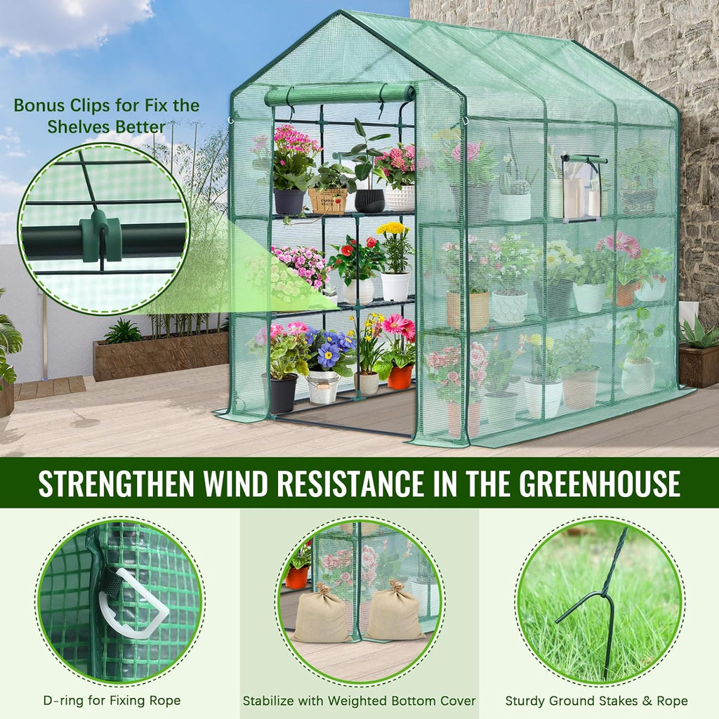 Greenhouse, 57 x 85 x 76'' Greenhouses for Outdoors, Portable Greenhouse Kit with Mesh Side Windows, PE Cover, 8 Shelves, Heavy Duty Walk in Green House for Backyard Garden Indoor Outside
