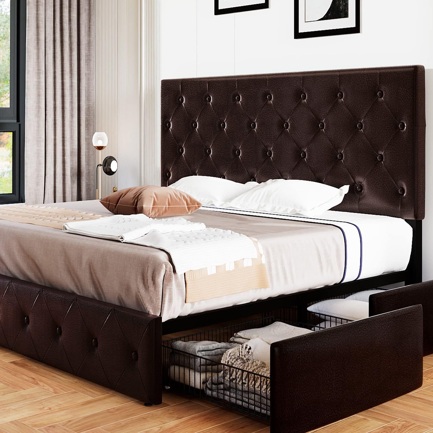 Allewie Upholstered Queen Size Platform Bed Frame with 4 Storage Drawers and Headboard, Square Stitched Button Tufted, Mattress Foundation with Wooden Slats Support, No Box Spring Needed, Light Grey