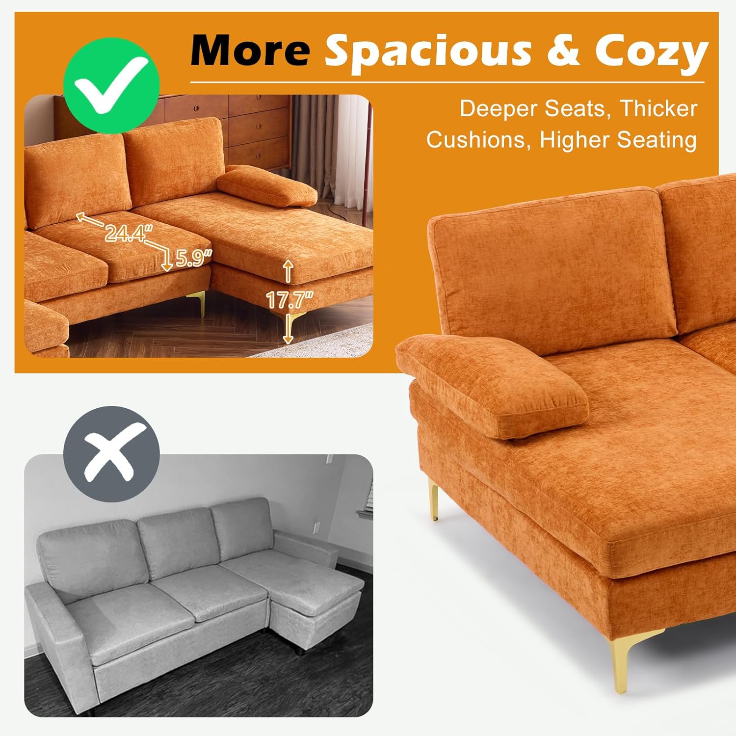VINGLI 110" Sectional Couches for Living Room,U Shaped Couch with Double Chaise, 4-Seat Sofa Set with Chenille Fabric for Home Furniture,Beige
