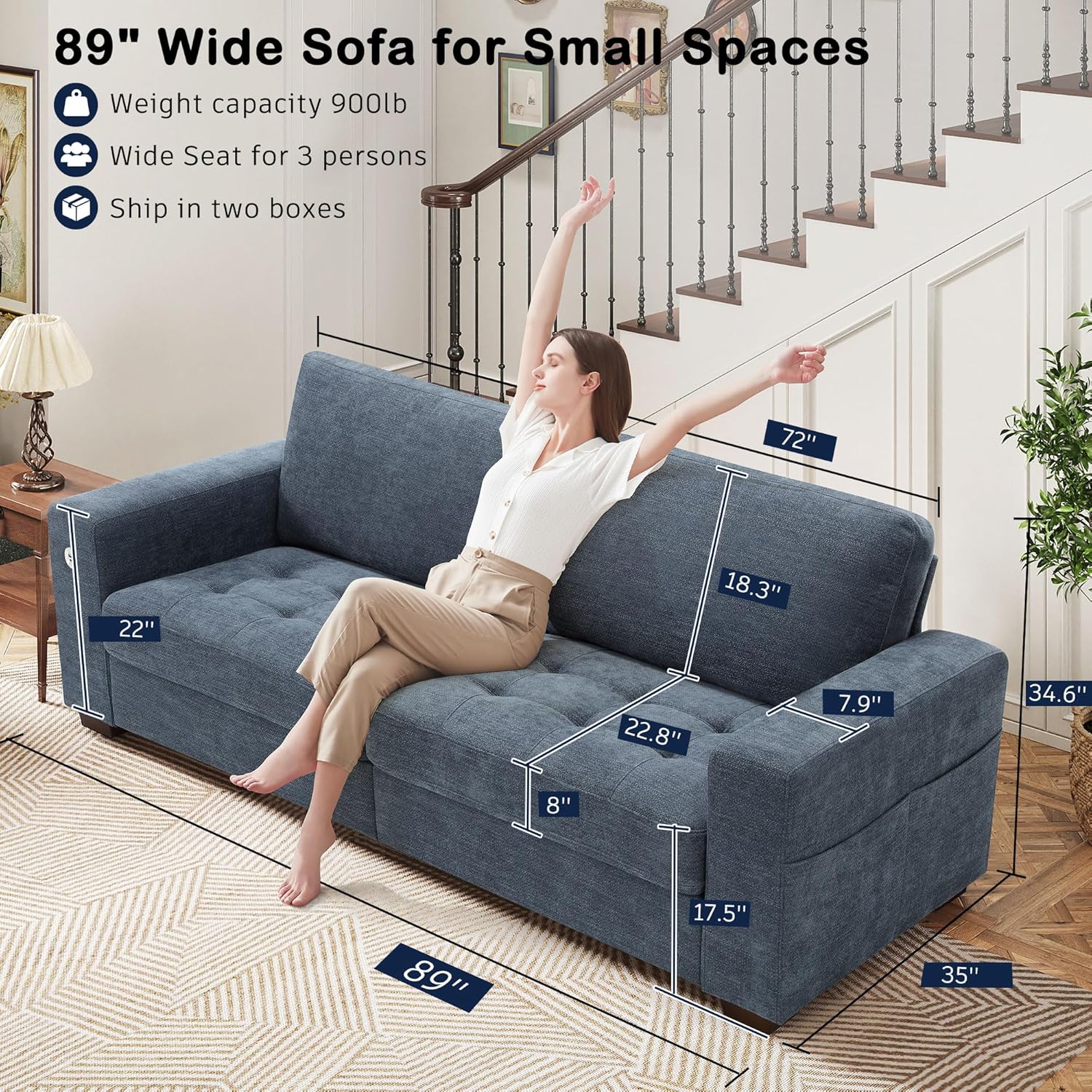 Hanherry 89" Sofa for Living Room, Modern Comfy Sofa with Medium Firm Seat Cushion, Removable Cover,Wide Armrest,USB/Type-C Port,Chenille Fabric Couches for Small Space,Apartment