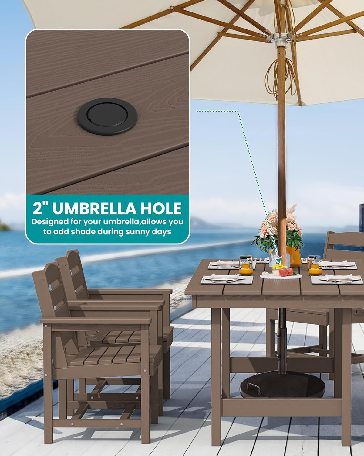 SERWALL 7-Piece Patio Table Set, Outdoor HDPE Dining Furniture with Umbrella Hole, All Weather Table and Chairs for Lawn, Garden, Poolside, Aruba