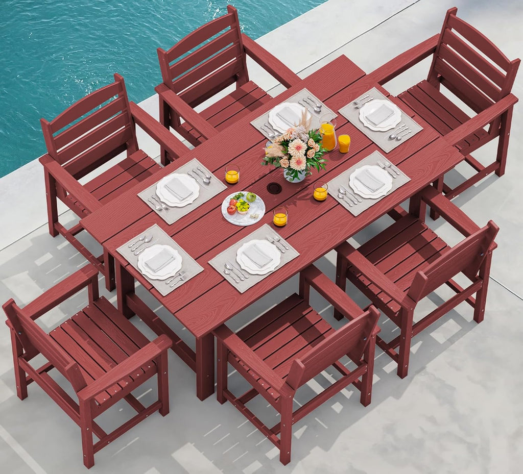 SERWALL 7-Piece Patio Table Set, Outdoor HDPE Dining Furniture with Umbrella Hole, All Weather Table and Chairs for Lawn, Garden, Poolside, Aruba