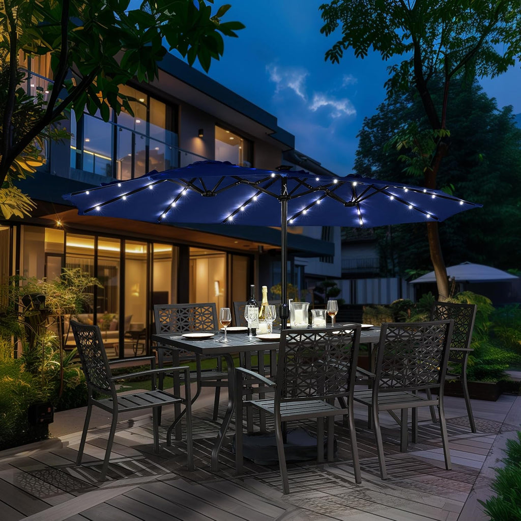 15 ft Large Patio Umbrella with Solar Lights Double-Sided Outdoor Rectangle Market Umbrellas with 36 LED Lights/Base Included/Easy Crank for Patio Garden Yard Pool Lawn, Brown