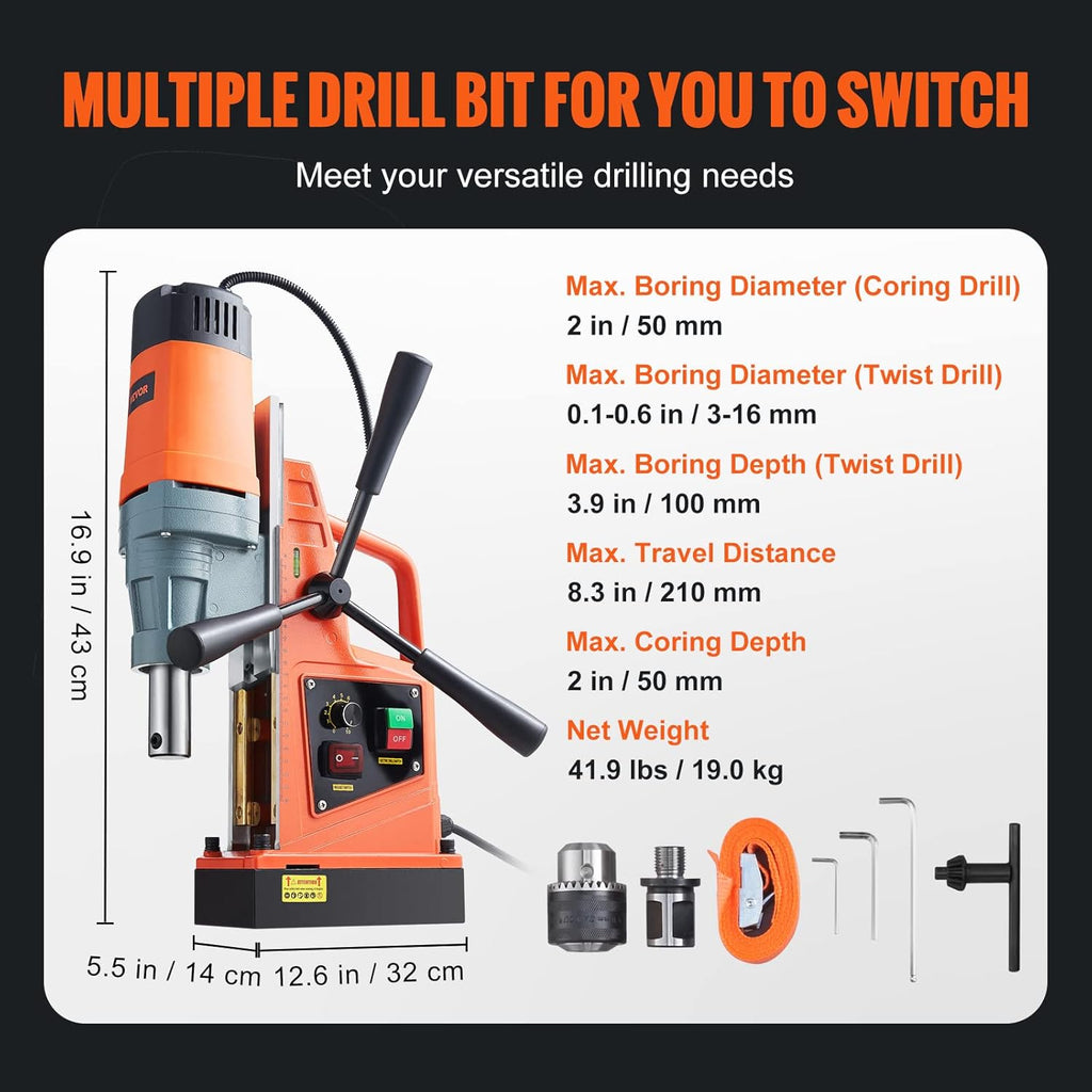 Mag Drill Press, 1550W 2" Boring Diameter, 2922lbf Power Magnetic Drill, 500 PRM, 10-Speed, Electric Drilling Machine for Metal Surface, Industrial and Home Improvement