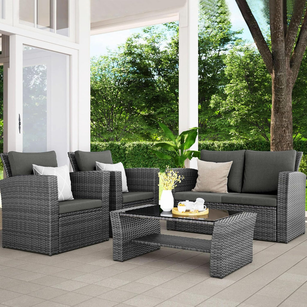 Wisteria Lane 4 Piece Outdoor Patio Furniture Sets, Wicker Conversation Set for Porch Deck, Grey Rattan Sofa Chair with Cushion （Blue