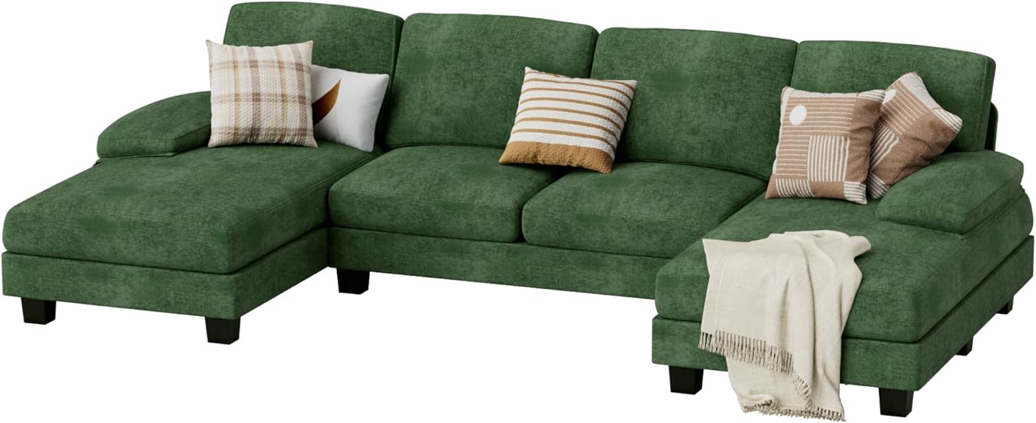 JUMMICO Sectional Couches for Living Room, U Shaped Couch with Chenille Fabric, 4 Seat Modern Sofa with Removable Pillows for Apartment and Small Space (Fabric, Grey)