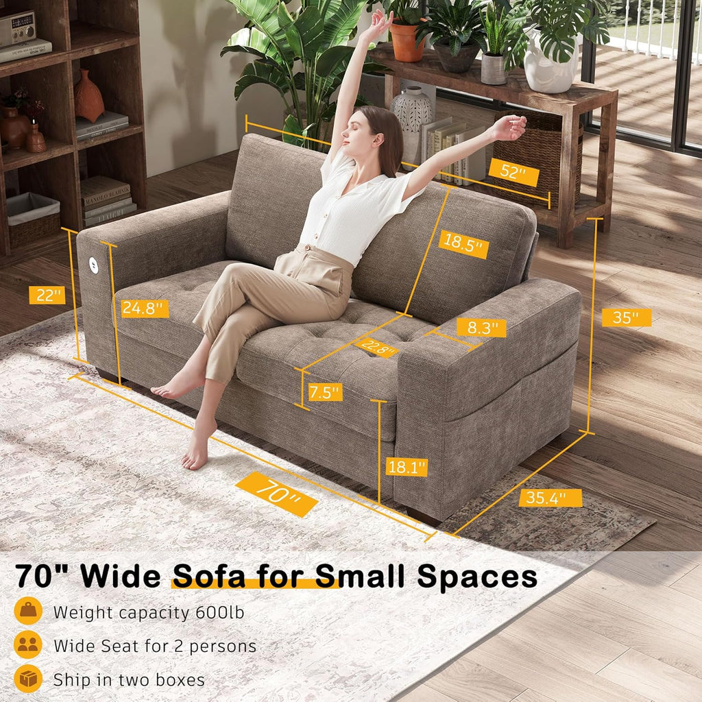 Hanherry 89" Sofa for Living Room, Modern Comfy Sofa with Medium Firm Seat Cushion, Removable Cover,Wide Armrest,USB/Type-C Port,Chenille Fabric Couches for Small Space,Apartment