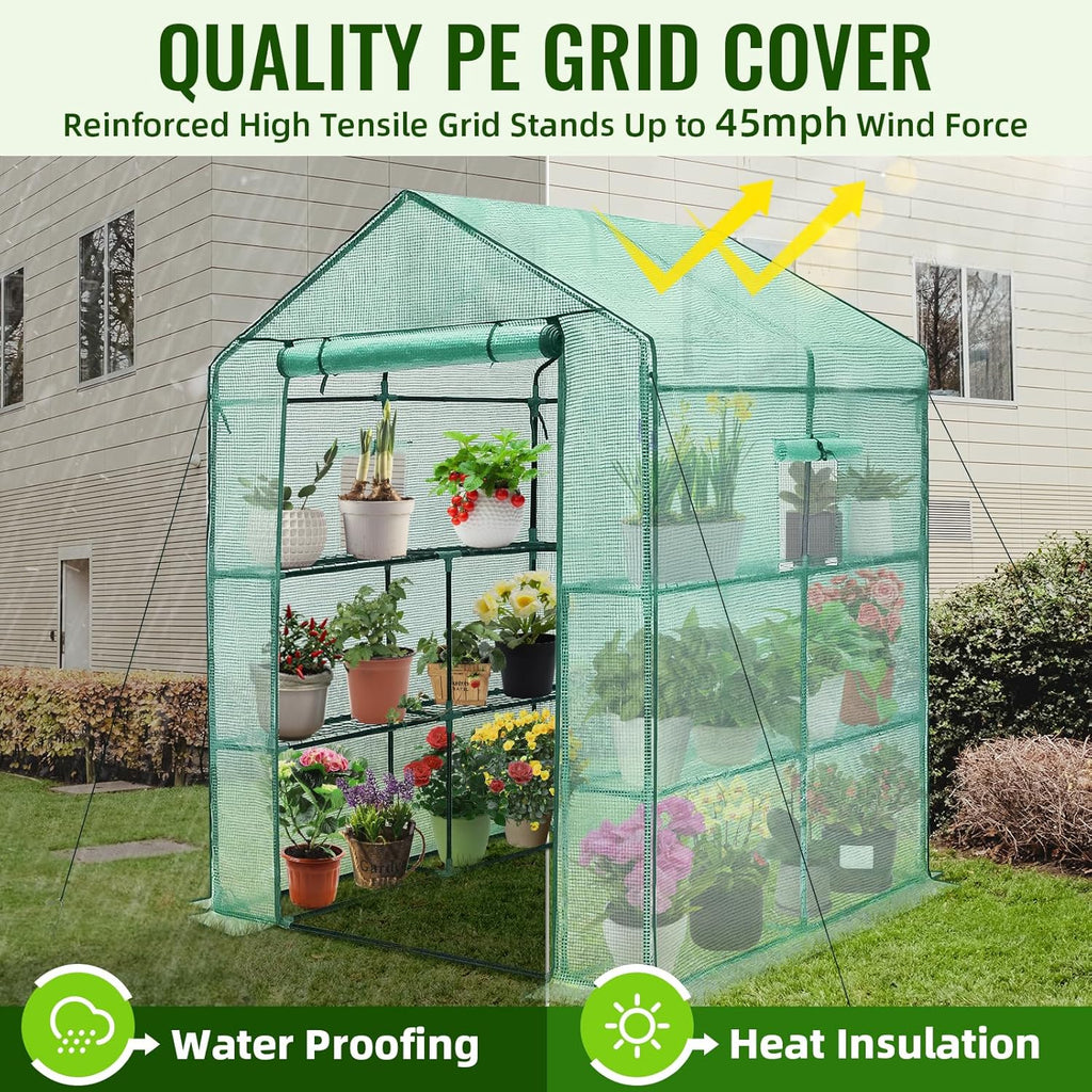 Greenhouse, 57 x 85 x 76'' Greenhouses for Outdoors, Portable Greenhouse Kit with Mesh Side Windows, PE Cover, 8 Shelves, Heavy Duty Walk in Green House for Backyard Garden Indoor Outside