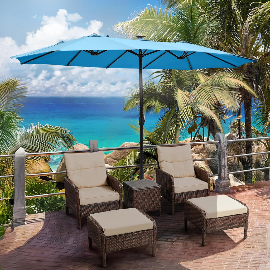 15 ft Large Patio Umbrella with Solar Lights Double-Sided Outdoor Rectangle Market Umbrellas with 36 LED Lights/Base Included/Easy Crank for Patio Garden Yard Pool Lawn, Brown