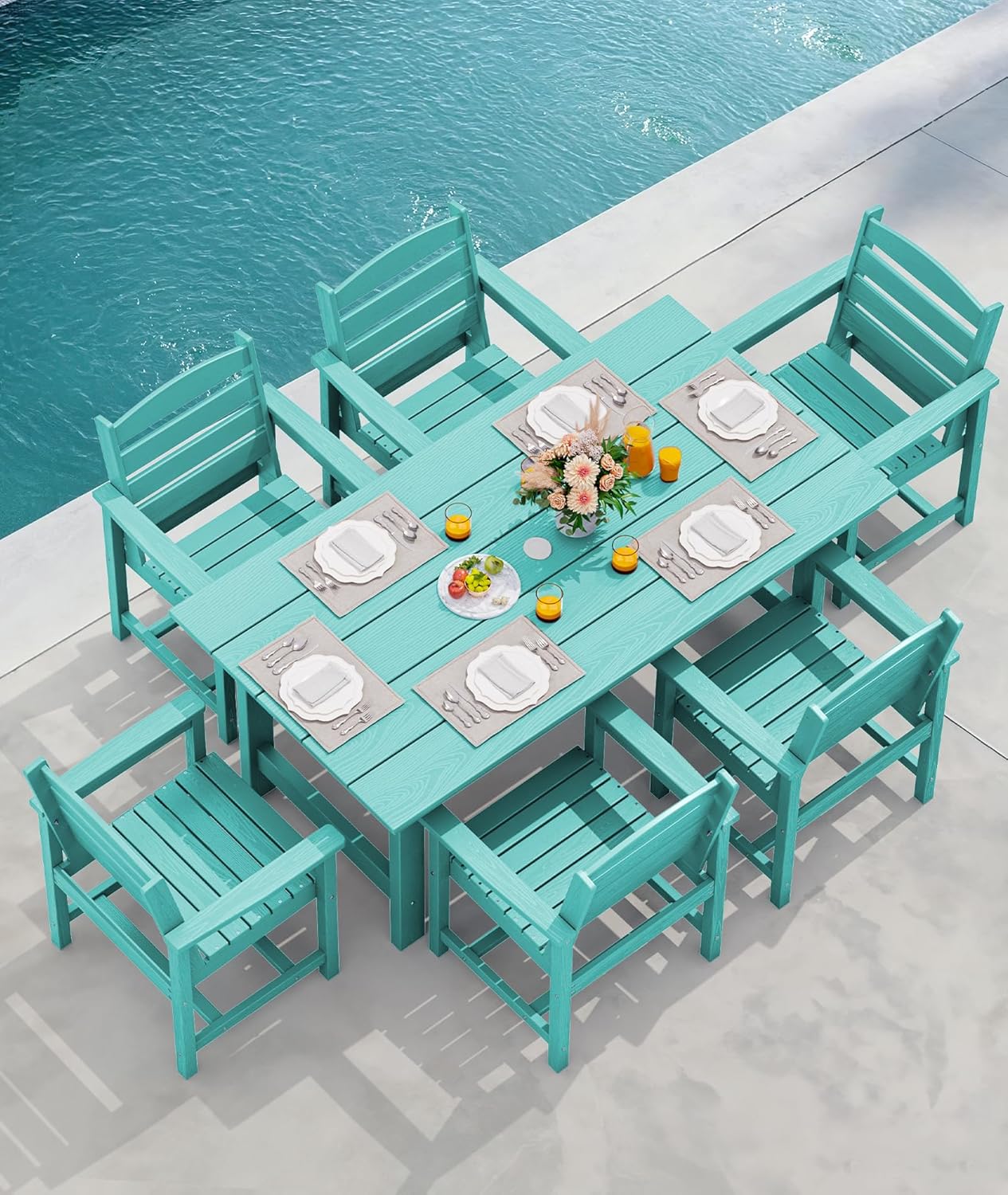 SERWALL 7-Piece Patio Table Set, Outdoor HDPE Dining Furniture with Umbrella Hole, All Weather Table and Chairs for Lawn, Garden, Poolside, Aruba