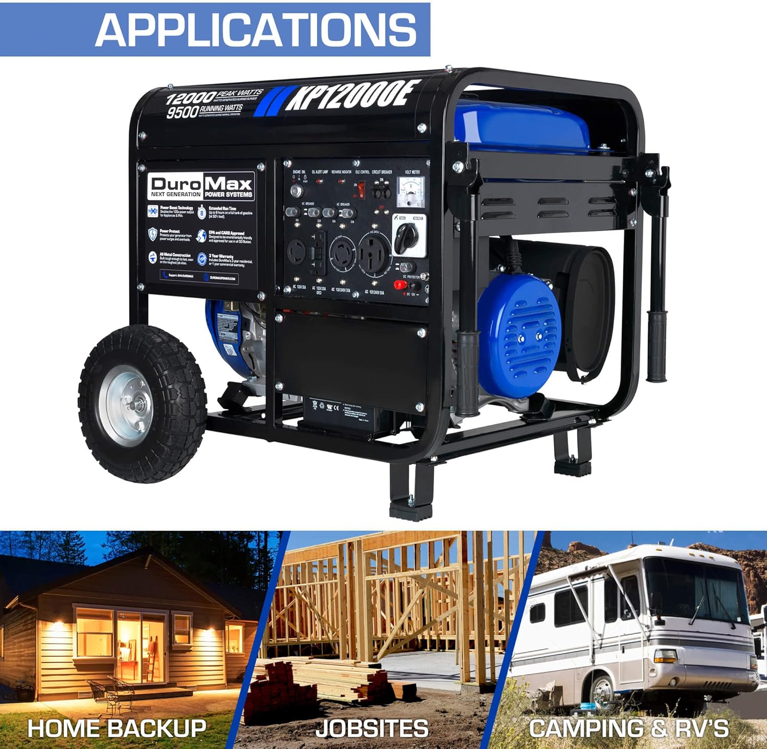DuroMax XP13000EH 13,000-Watt Dual Fuel Portable Generator - Gas & Propane, Electric Start, Whole Home Backup Power, Transfer Switch Ready, RV & Emergency Ready