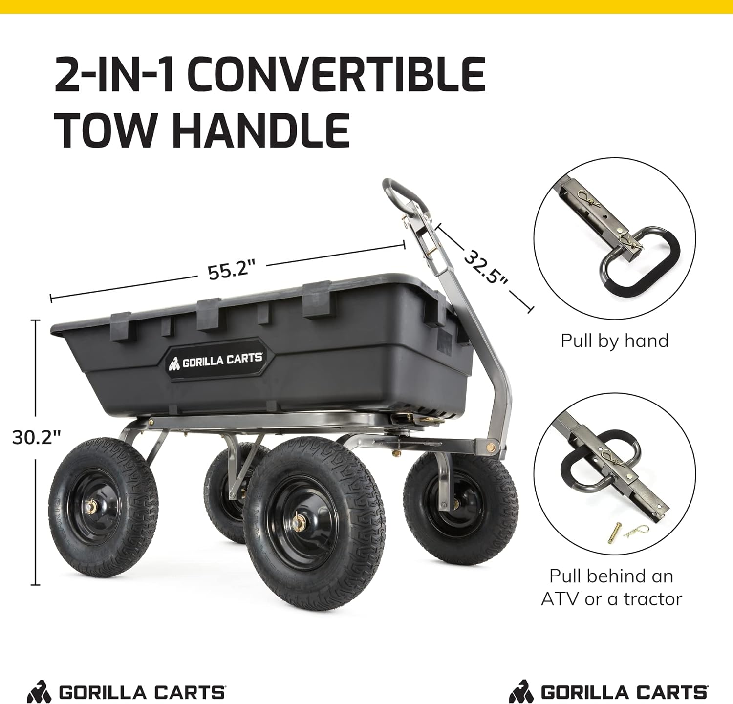 Heavy Duty Poly Utility Dump Wagon Garden Cart w/Pneumatic Tires, 6 Cu Ft - 1200 lb Capacity Outdoor Wheelbarrow for Yard, Landscaping & Gardening, Lawn Tractor or ATV Towable-Gorilla Carts