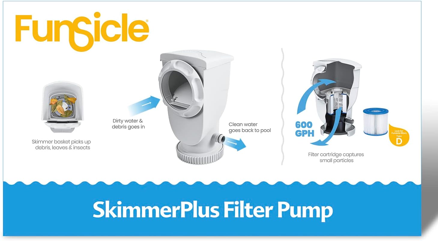 Funsicle SkimmerPlus 1500 Gallons Per Hour 2 in 1 Filter Pump and Skimmer System with Clamps and 1.5 Inch Hose Fitting for Above Ground Swimming Pools