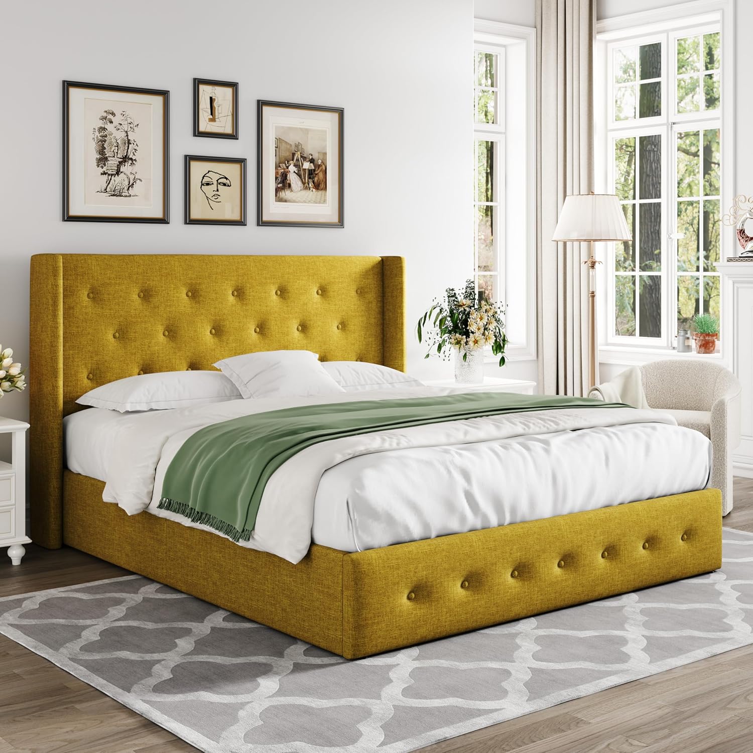 Allewie Queen Size Lift Up Storage Bed, Modern Wingback Headboard, Hydraulic Support, No Box Spring Needed, Light Beige