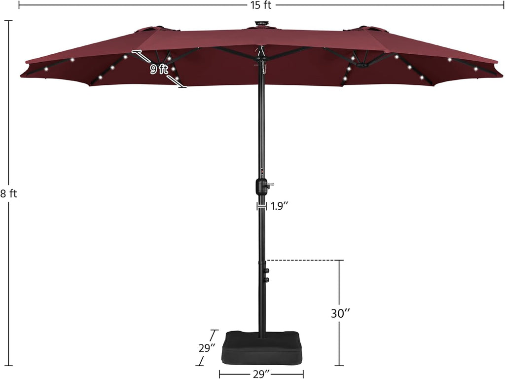 15 ft Large Patio Umbrella with Solar Lights Double-Sided Outdoor Rectangle Market Umbrellas with 36 LED Lights/Base Included/Easy Crank for Patio Garden Yard Pool Lawn, Brown