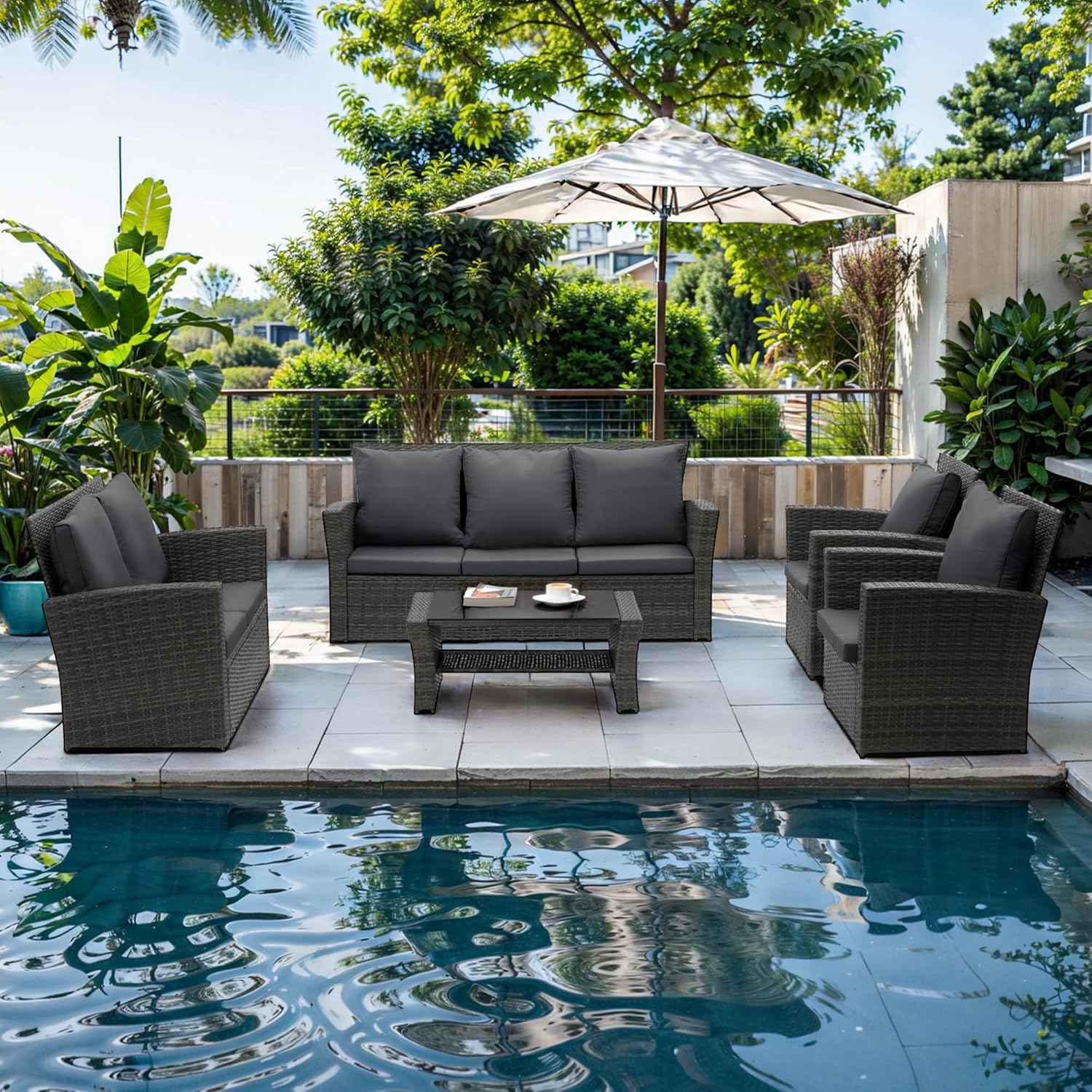 Wisteria Lane 4 Piece Outdoor Patio Furniture Sets, Wicker Conversation Set for Porch Deck, Grey Rattan Sofa Chair with Cushion （Blue