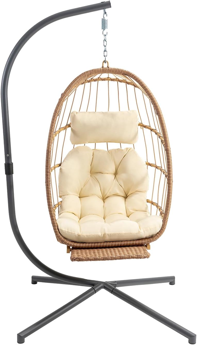 Yechen Indoor Outdoor Egg Hanging Chair with Stand, Patio Wicker Swing Egg Chair Indoor Swinging Chair Outdoor Hammock Egg Chair 350lbs Capacity for Patio Bedroom Balcony, Charcoal Grey (EG-001)