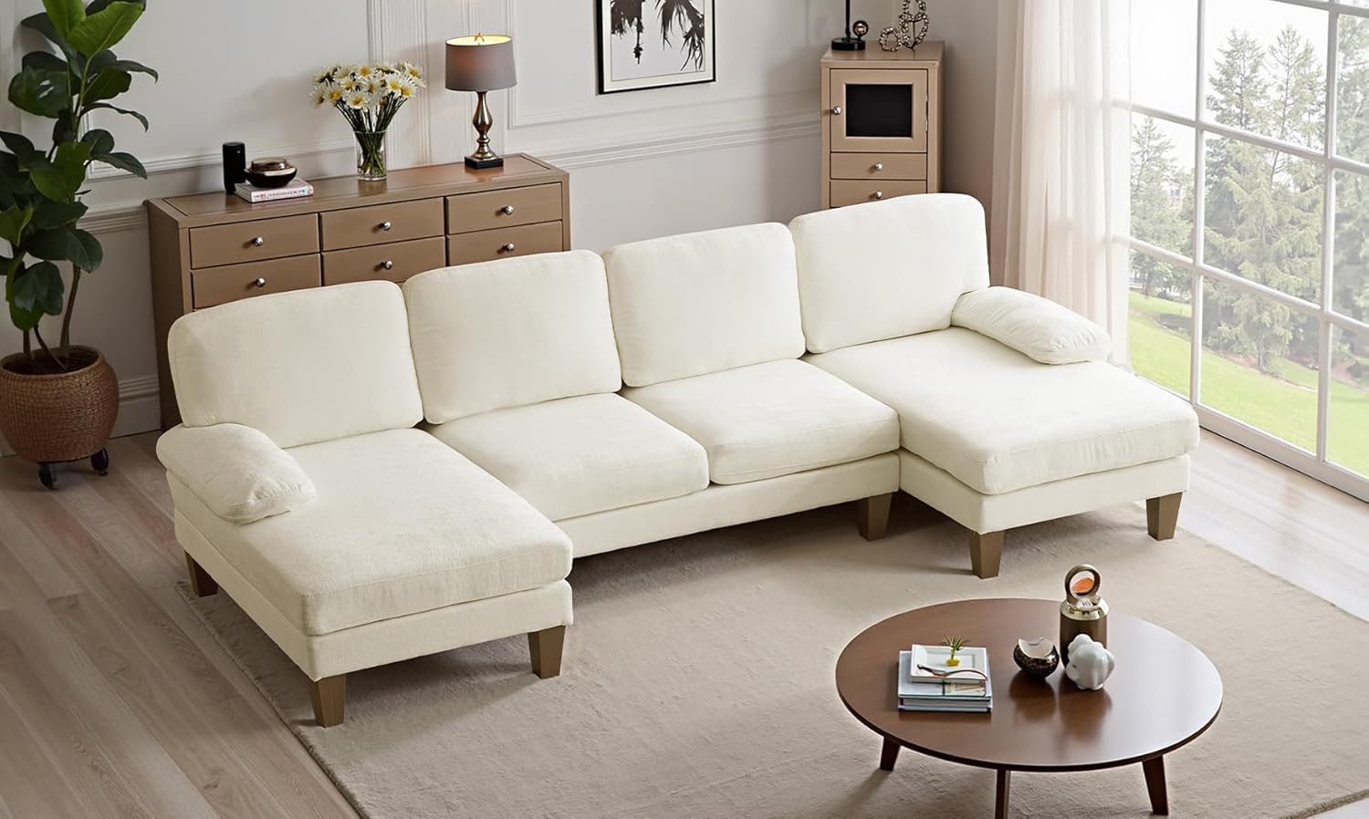 VINGLI 110" Sectional Couches for Living Room,U Shaped Couch with Double Chaise, 4-Seat Sofa Set with Chenille Fabric for Home Furniture,Beige