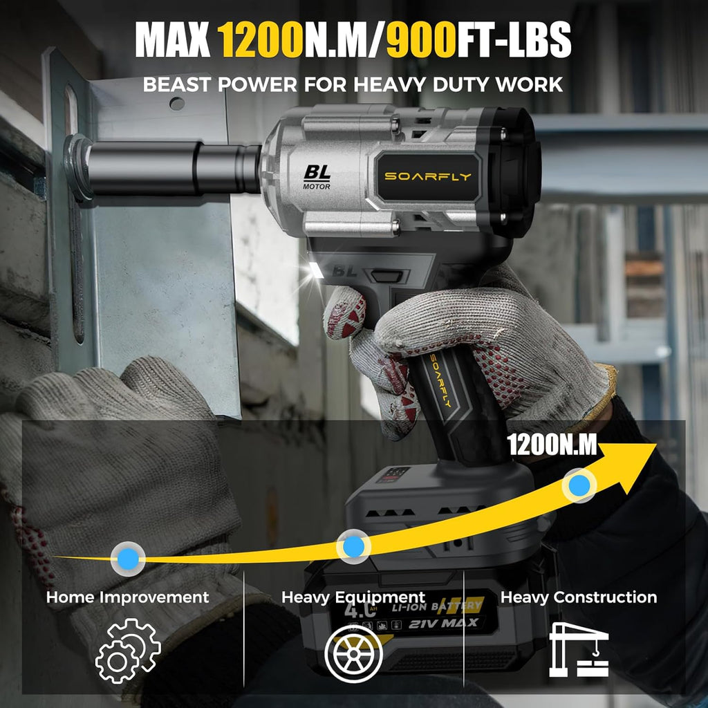 Cordless Impact Wrench, 1200Nm(900ft-lbs) High Torque 1/2'' Impact Wrench, 21V Brushless Electric Impact Gun with 2Pcs 4.0Ah Batteries, 1 Hour Fast Charger, 5 Sockets, Power Impact Driver for Car Home