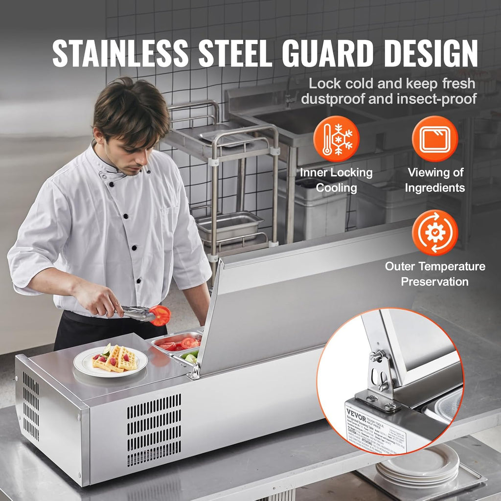 Refrigerated Condiment Prep Station, 135 W Countertop Refrigerated Condiment Station, with 2 1/3 Pans & 4 1/6 Pans, 304 Stainless Body and PC Lid, Sandwich Prep Table with Stainless Guard, ETL