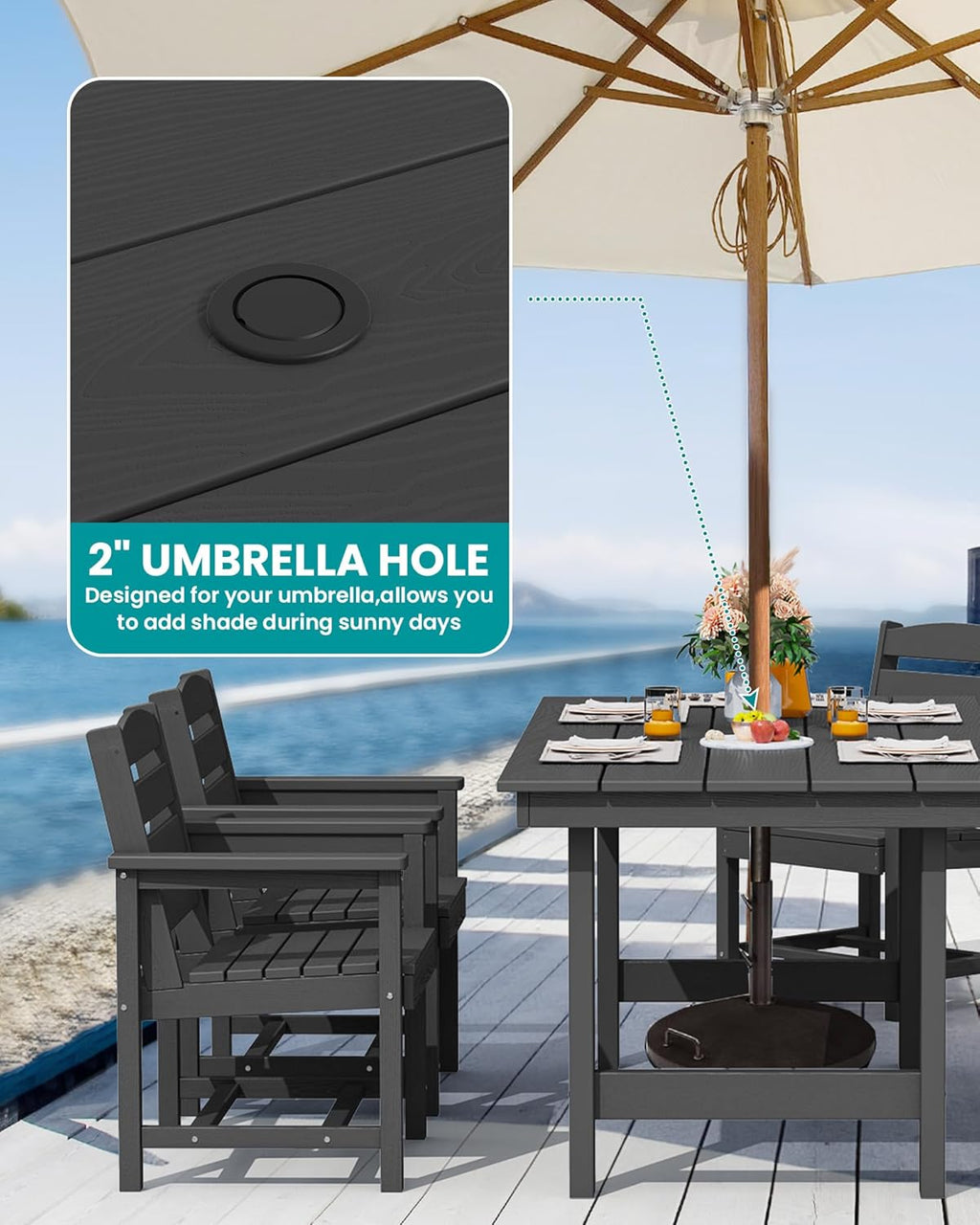 SERWALL 7-Piece Patio Table Set, Outdoor HDPE Dining Furniture with Umbrella Hole, All Weather Table and Chairs for Lawn, Garden, Poolside, Aruba