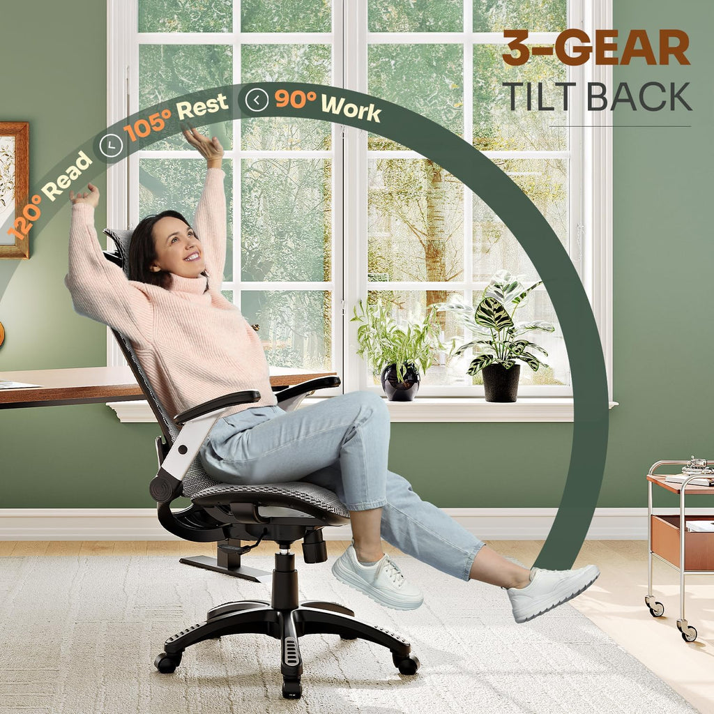 GABRYLLY Ergonomic Office Chair, High Back Home Desk Chair with Headrest, Flip-Up Arms, 90-120° Tilt Lock and Wide Cushion, Big and Tall Mesh Chairs for Man Woman, Black Task Chair