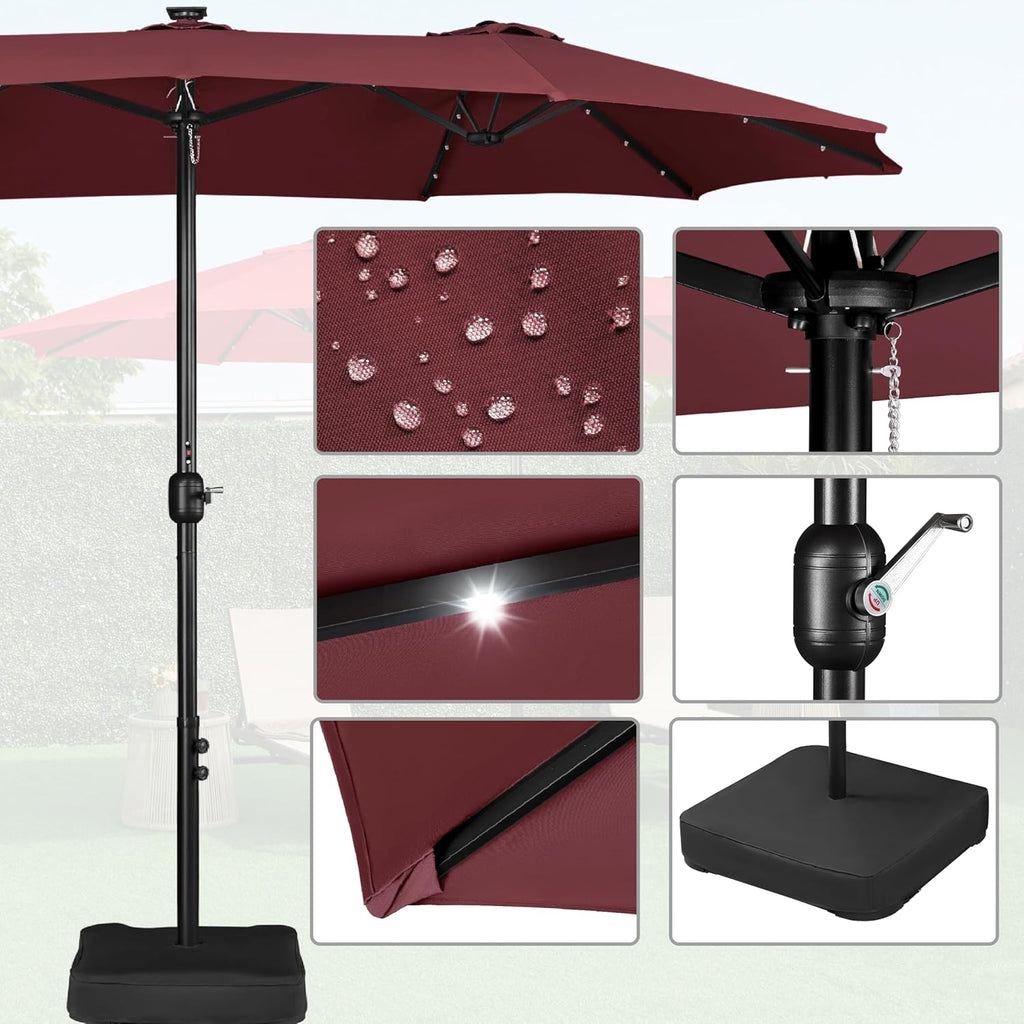 15 ft Large Patio Umbrella with Solar Lights Double-Sided Outdoor Rectangle Market Umbrellas with 36 LED Lights/Base Included/Easy Crank for Patio Garden Yard Pool Lawn, Brown