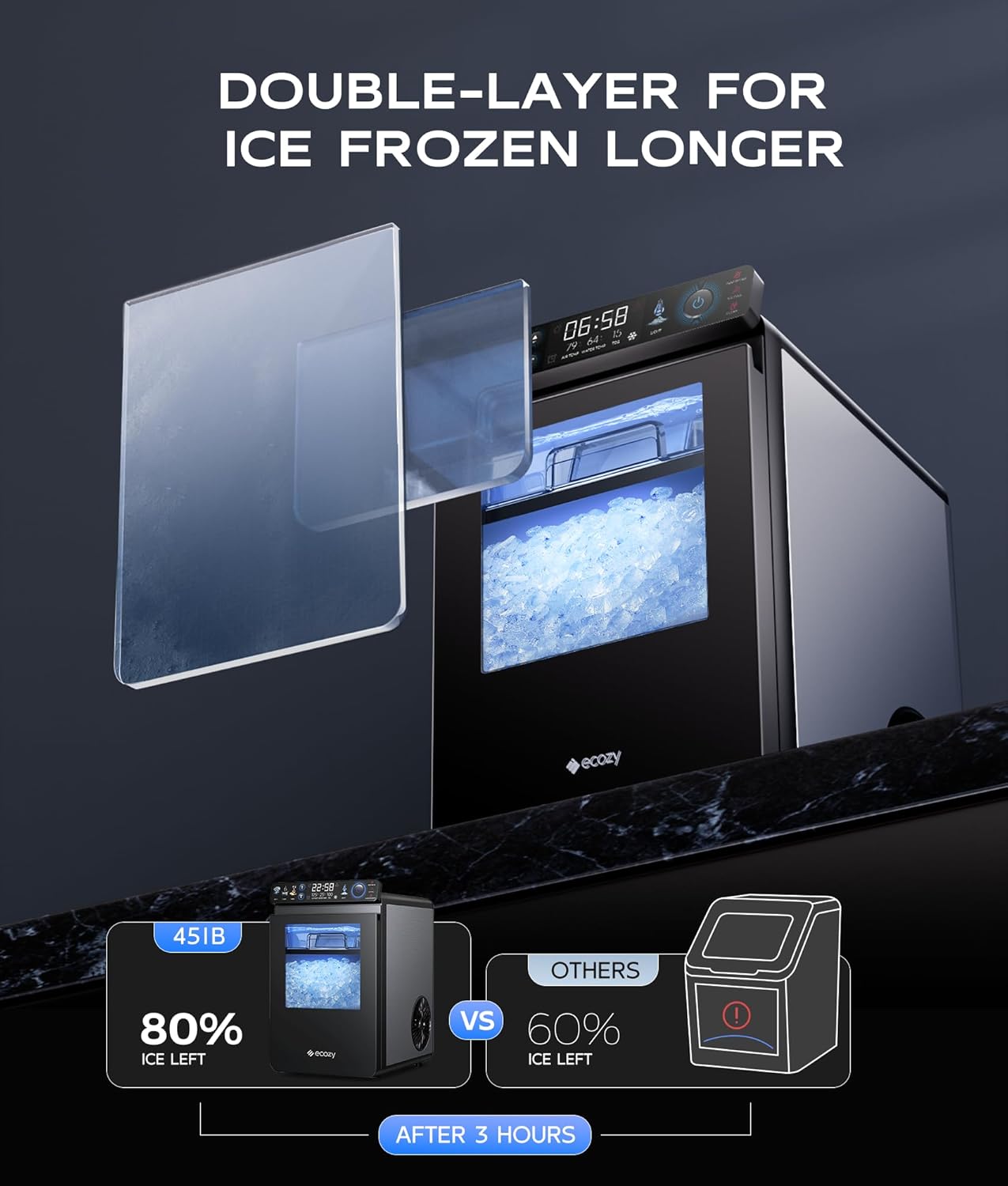 ecozy Nugget Ice Maker Countertop, Smart Pebble Ice Machine with APP Control, 44 lbs/24H Soft Pellet Chewable Ice with Self-Cleaning, Stainless Steel