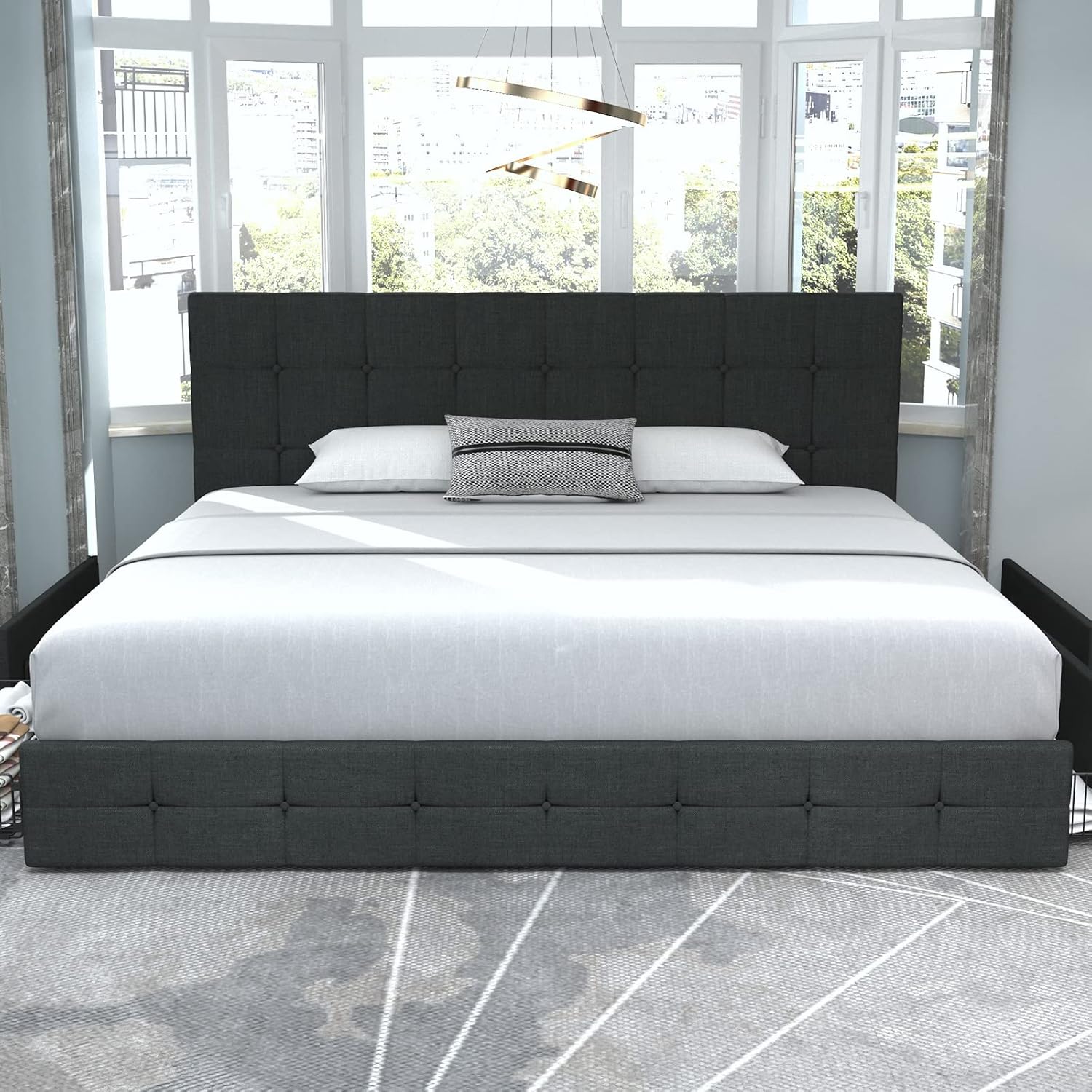 Allewie Upholstered Queen Size Platform Bed Frame with 4 Storage Drawers and Headboard, Square Stitched Button Tufted, Mattress Foundation with Wooden Slats Support, No Box Spring Needed, Light Grey