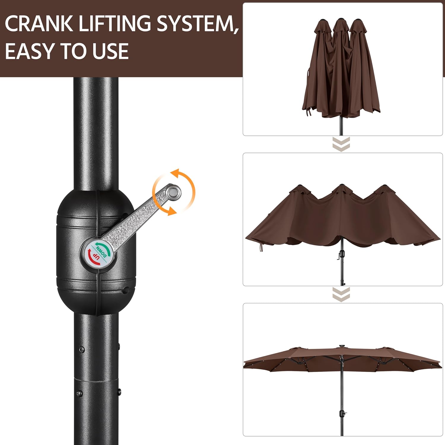 15 ft Large Patio Umbrella with Solar Lights Double-Sided Outdoor Rectangle Market Umbrellas with 36 LED Lights/Base Included/Easy Crank for Patio Garden Yard Pool Lawn, Brown