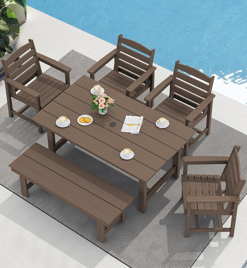 SERWALL 7-Piece Patio Table Set, Outdoor HDPE Dining Furniture with Umbrella Hole, All Weather Table and Chairs for Lawn, Garden, Poolside, Aruba