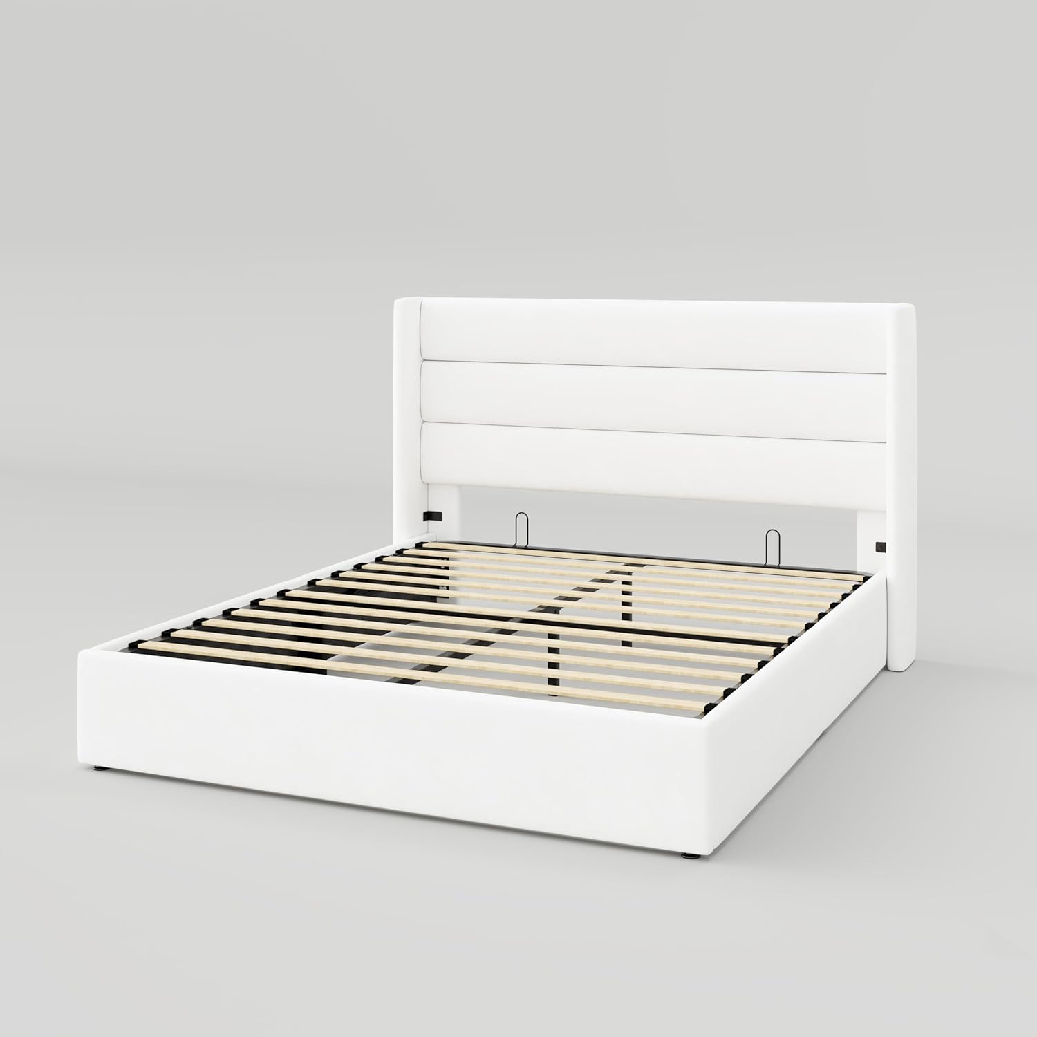 Allewie Queen Size Lift Up Storage Bed, Modern Wingback Headboard, Hydraulic Support, No Box Spring Needed, Light Beige