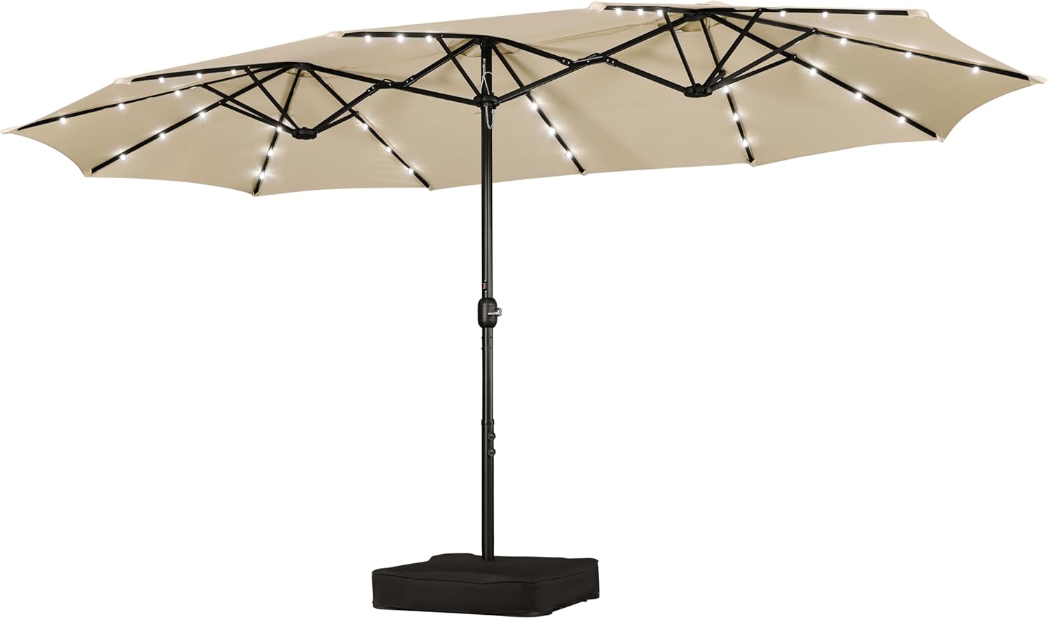 15 ft Large Patio Umbrella with Solar Lights Double-Sided Outdoor Rectangle Market Umbrellas with 36 LED Lights/Base Included/Easy Crank for Patio Garden Yard Pool Lawn, Brown