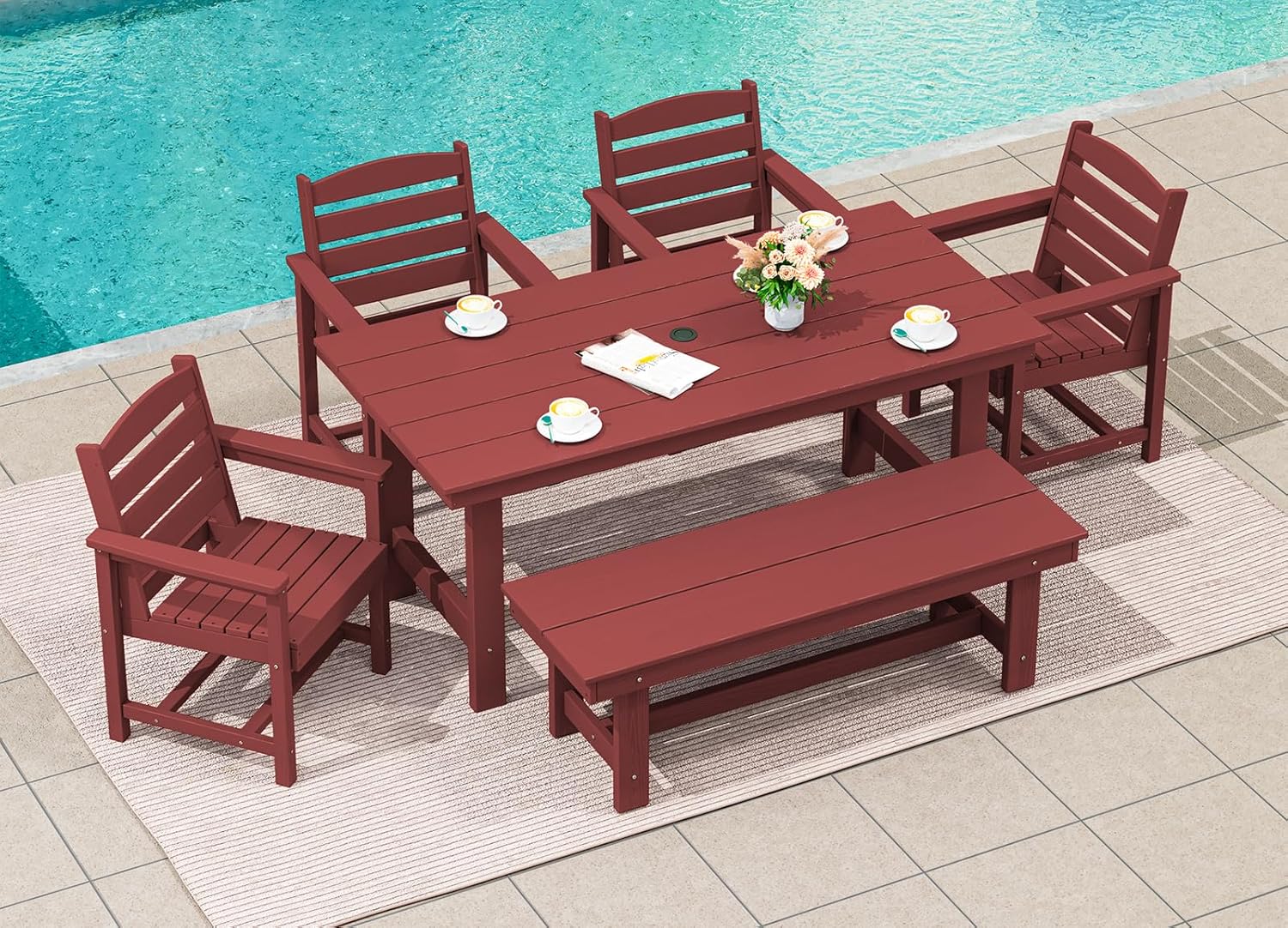 SERWALL 7-Piece Patio Table Set, Outdoor HDPE Dining Furniture with Umbrella Hole, All Weather Table and Chairs for Lawn, Garden, Poolside, Aruba