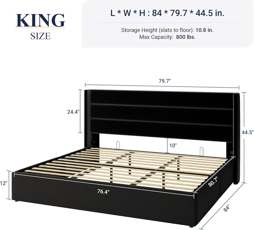 Allewie Queen Size Lift Up Storage Bed, Modern Wingback Headboard, Hydraulic Support, No Box Spring Needed, Light Beige