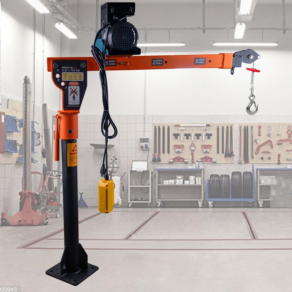 1100lb Folding Dismountable Household Hoist Truck Crane with Electric Hoist (110V) �� 880lb Pulling Force, Jib Cranes for Factory, Warehouse, Construction