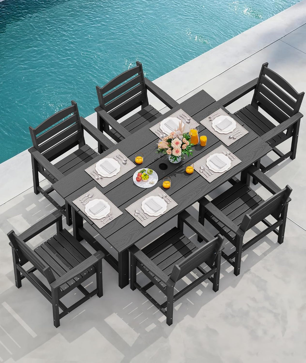 SERWALL 7-Piece Patio Table Set, Outdoor HDPE Dining Furniture with Umbrella Hole, All Weather Table and Chairs for Lawn, Garden, Poolside, Aruba