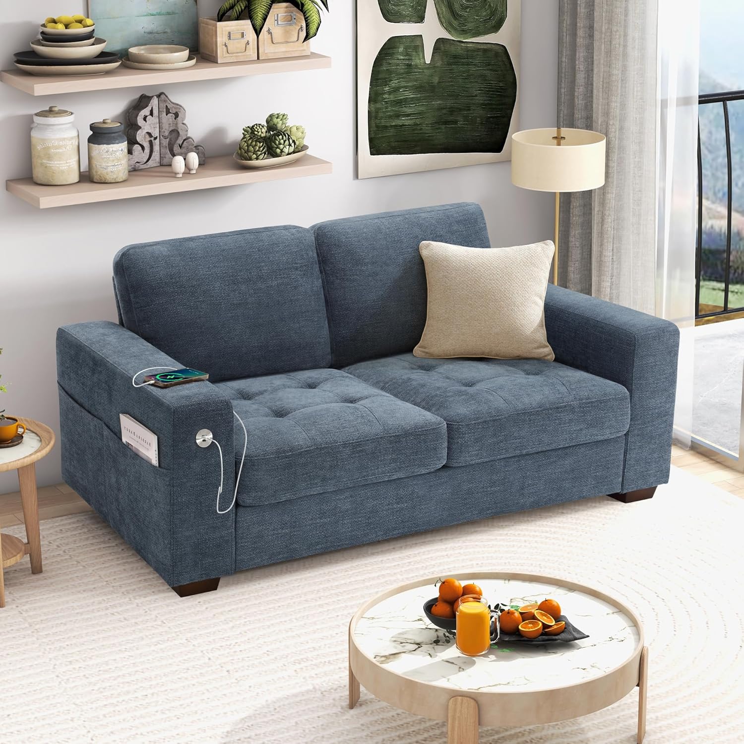 Hanherry 89" Sofa for Living Room, Modern Comfy Sofa with Medium Firm Seat Cushion, Removable Cover,Wide Armrest,USB/Type-C Port,Chenille Fabric Couches for Small Space,Apartment