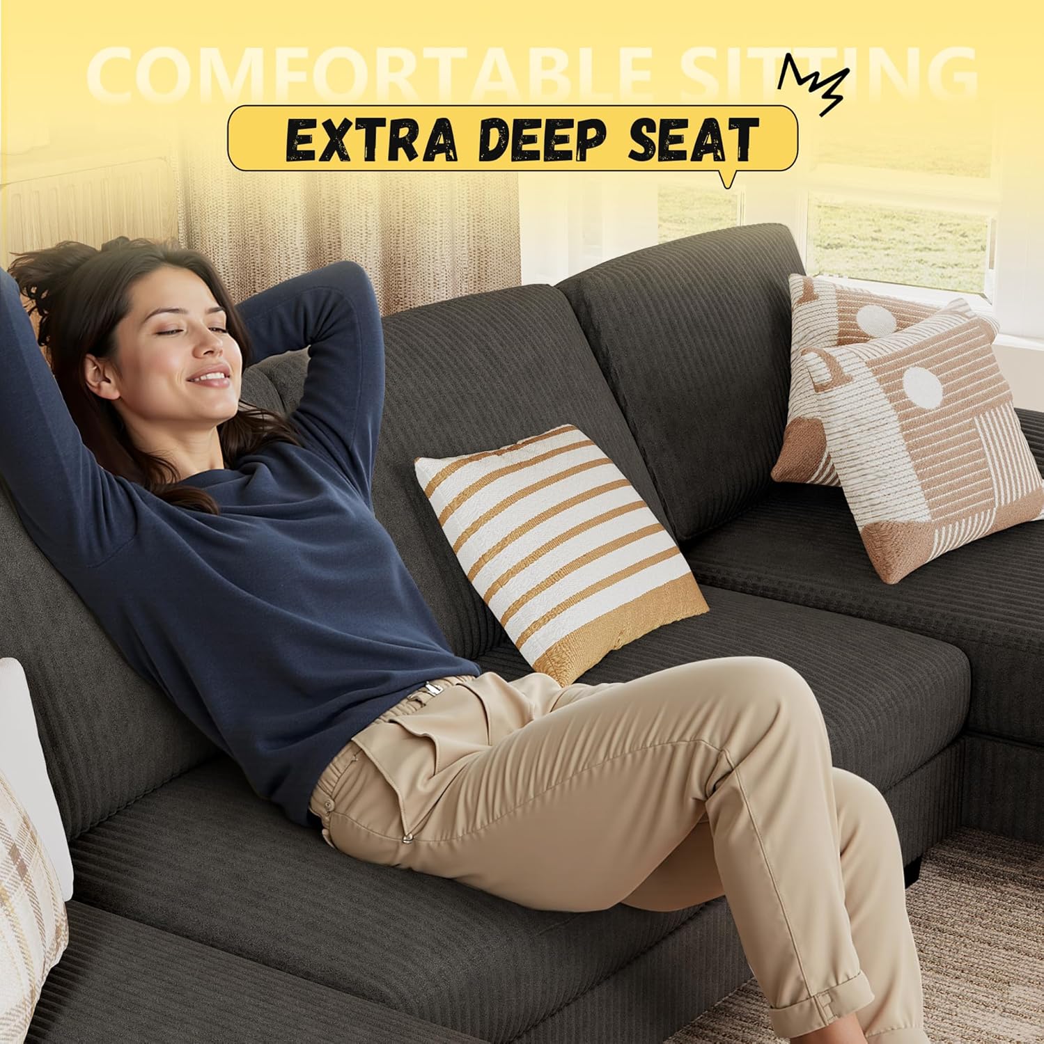 JUMMICO Sectional Couches for Living Room, U Shaped Couch with Chenille Fabric, 4 Seat Modern Sofa with Removable Pillows for Apartment and Small Space (Fabric, Grey)