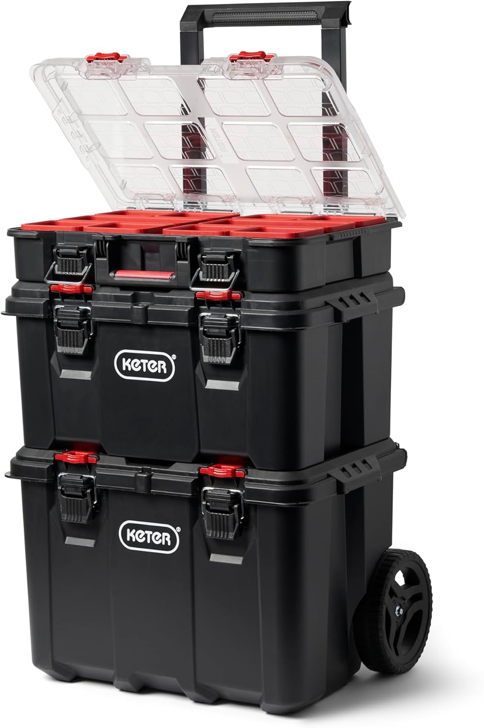 Keter Stack-n-Roll Modular Tools Organizer for Garage Storage and DIY, 3 Piece Resin Rolling Tool Box System for Small Parts