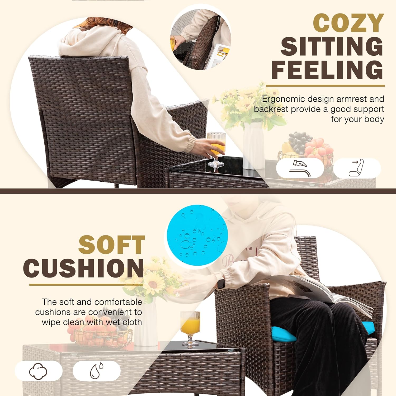 Homall 4 Pieces Outdoor Patio Furniture Sets Rattan Chair Wicker Set, Outdoor Indoor Use Backyard Porch Garden Poolside Balcony Furniture Sets Clearance (Brown and Beige)