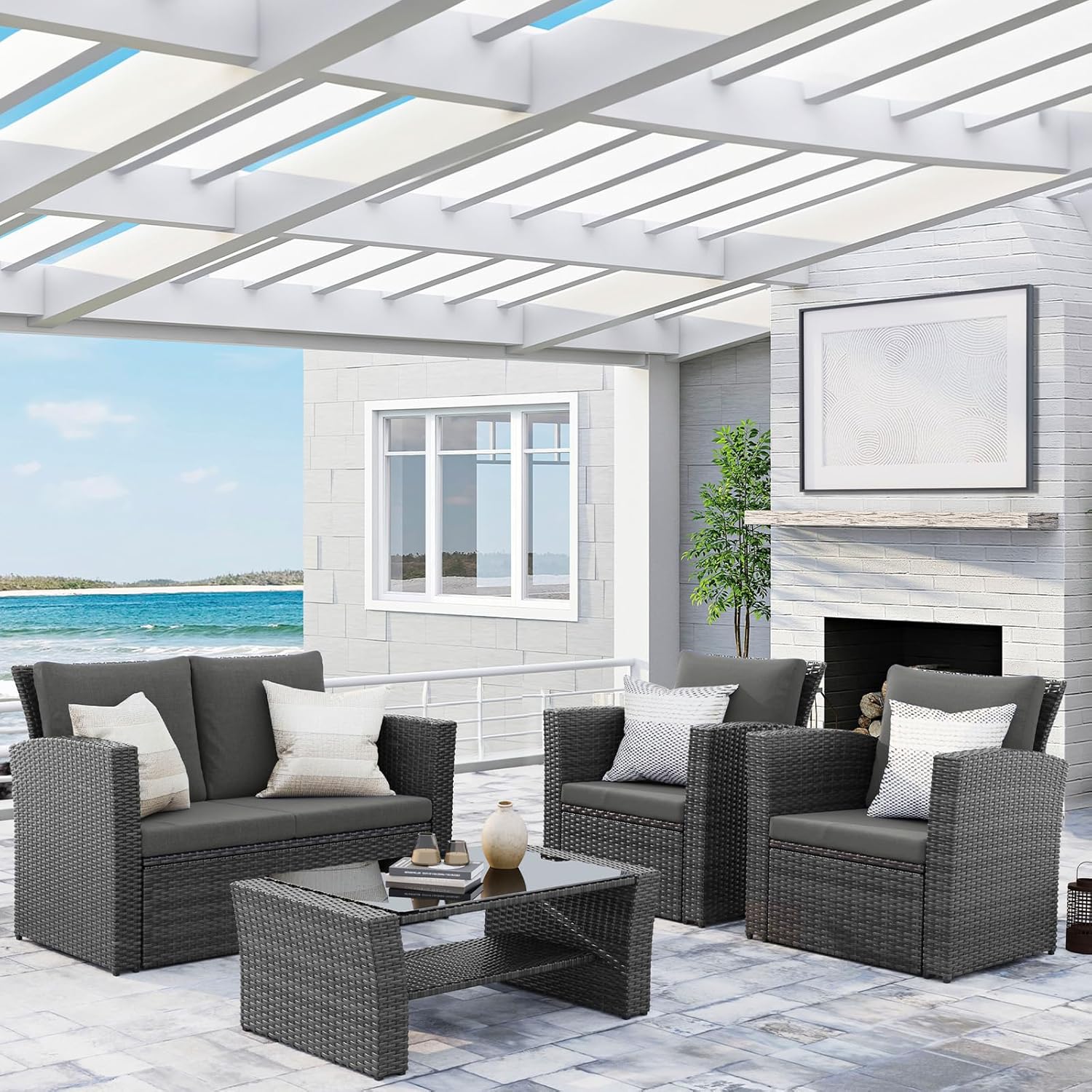 Wisteria Lane 4 Piece Outdoor Patio Furniture Sets, Wicker Conversation Set for Porch Deck, Grey Rattan Sofa Chair with Cushion （Blue
