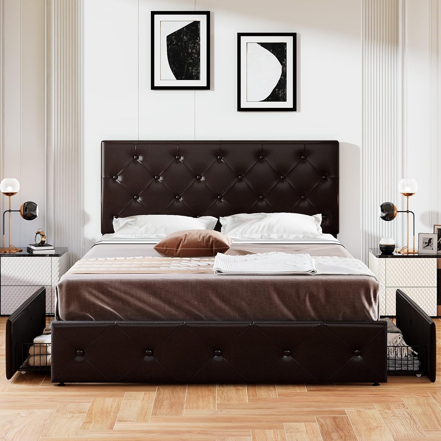 Allewie Upholstered Queen Size Platform Bed Frame with 4 Storage Drawers and Headboard, Square Stitched Button Tufted, Mattress Foundation with Wooden Slats Support, No Box Spring Needed, Light Grey