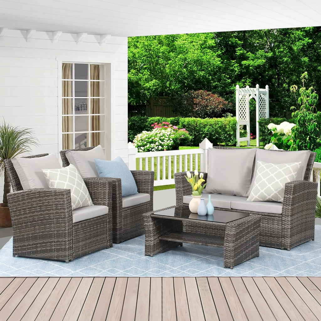 Wisteria Lane 4 Piece Outdoor Patio Furniture Sets, Wicker Conversation Set for Porch Deck, Grey Rattan Sofa Chair with Cushion （Blue