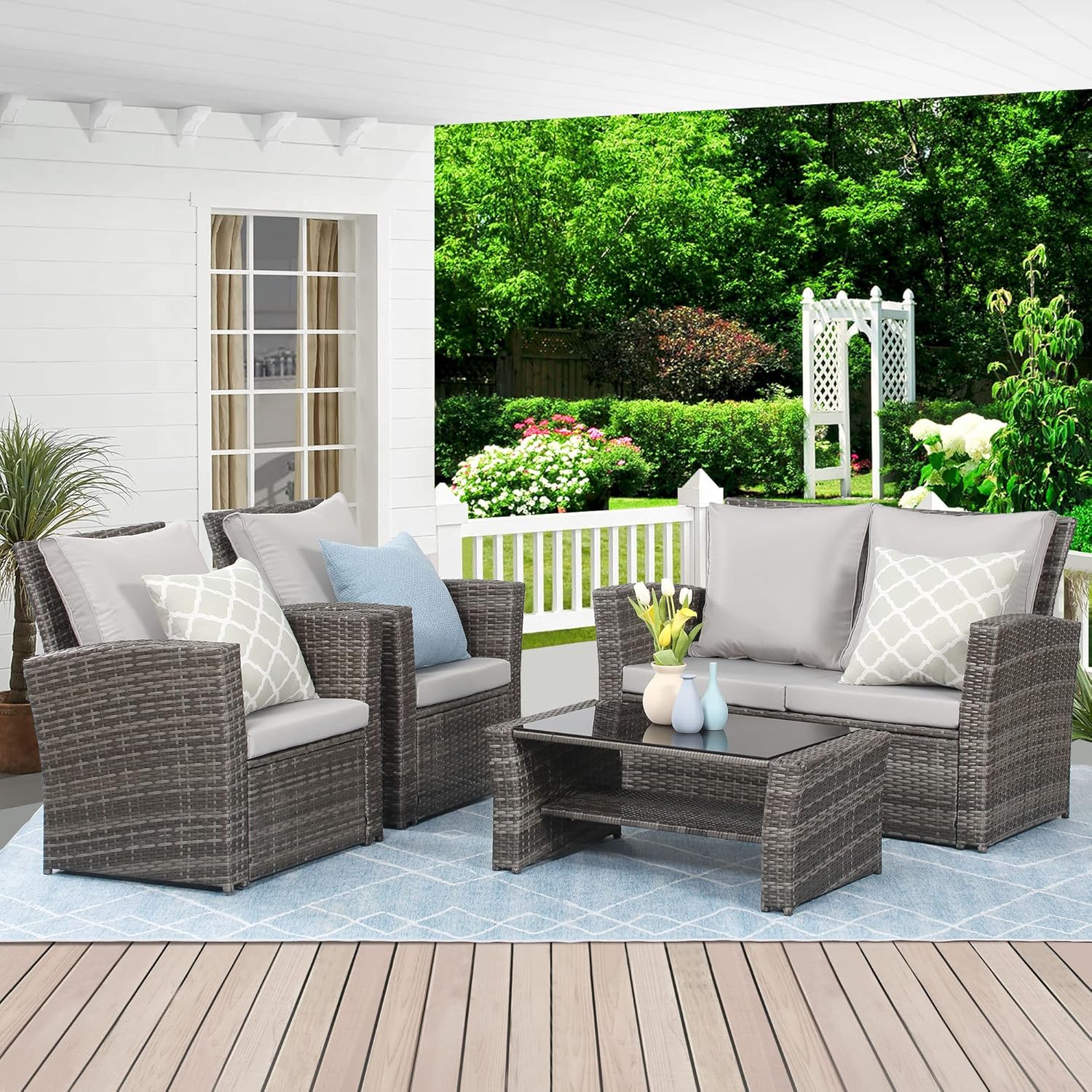 Wisteria Lane 4 Piece Outdoor Patio Furniture Sets, Wicker Conversation Set for Porch Deck, Grey Rattan Sofa Chair with Cushion （Blue