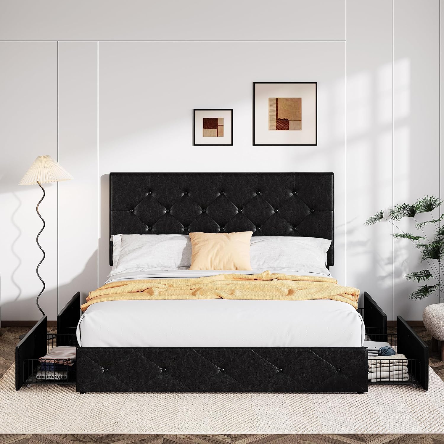 Allewie Upholstered Queen Size Platform Bed Frame with 4 Storage Drawers and Headboard, Square Stitched Button Tufted, Mattress Foundation with Wooden Slats Support, No Box Spring Needed, Light Grey