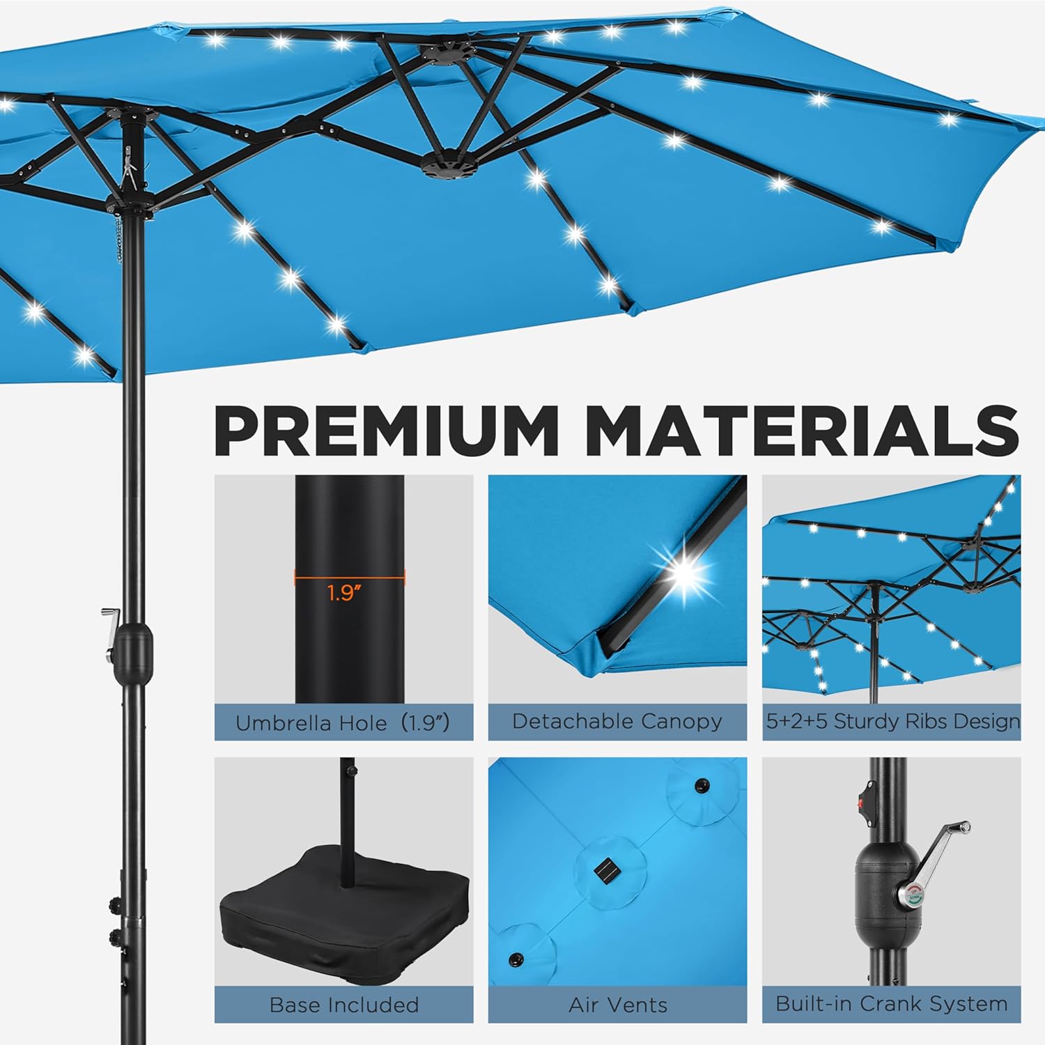 15 ft Large Patio Umbrella with Solar Lights Double-Sided Outdoor Rectangle Market Umbrellas with 36 LED Lights/Base Included/Easy Crank for Patio Garden Yard Pool Lawn, Brown