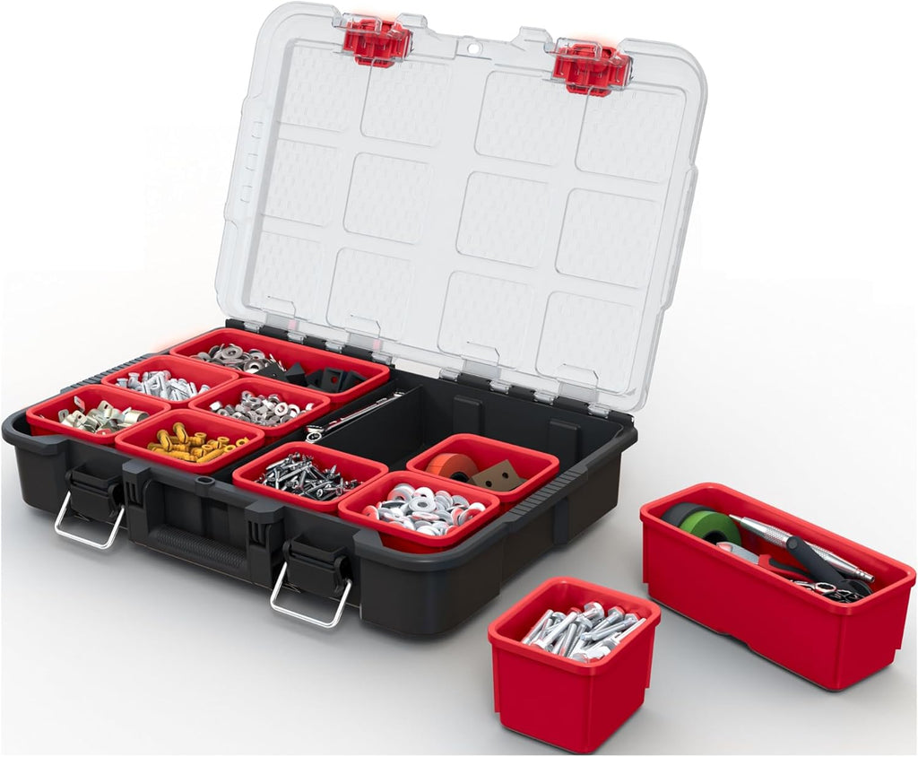 Keter Stack-n-Roll Modular Tools Organizer for Garage Storage and DIY, 3 Piece Resin Rolling Tool Box System for Small Parts