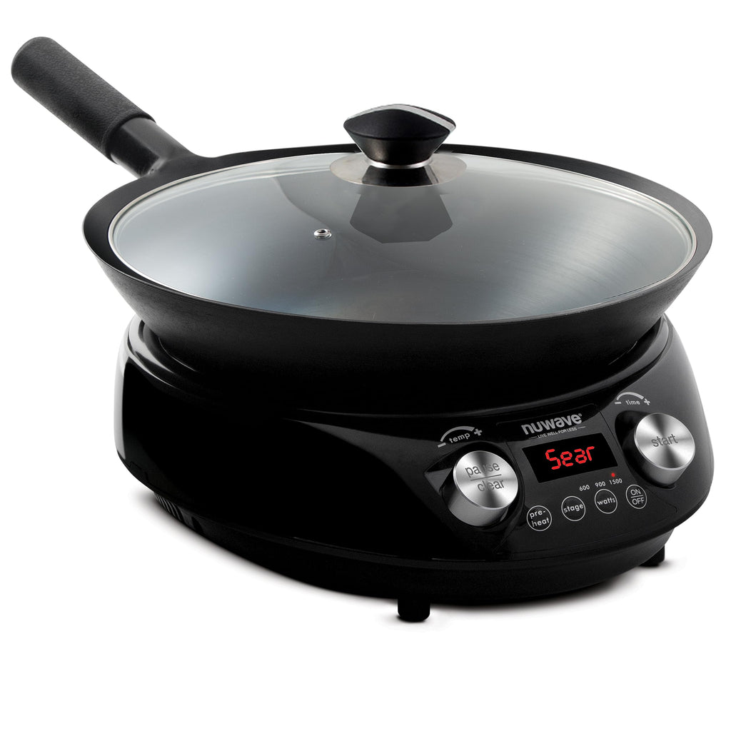 Nuwave Mosaic Induction Wok, Precise Temp Controls from 100u00b0F to 575u00b0F in 5u00b0F, Wok Hei, Infuse Complex Charred Aroma & Flavor, 3 Watts 600, 900 & 1500, Authentic 14-inch Carbon Steel Wok Included